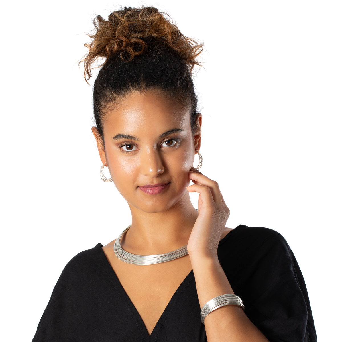 Multi Strand Wire Metal Collar Necklace - Silver Colour