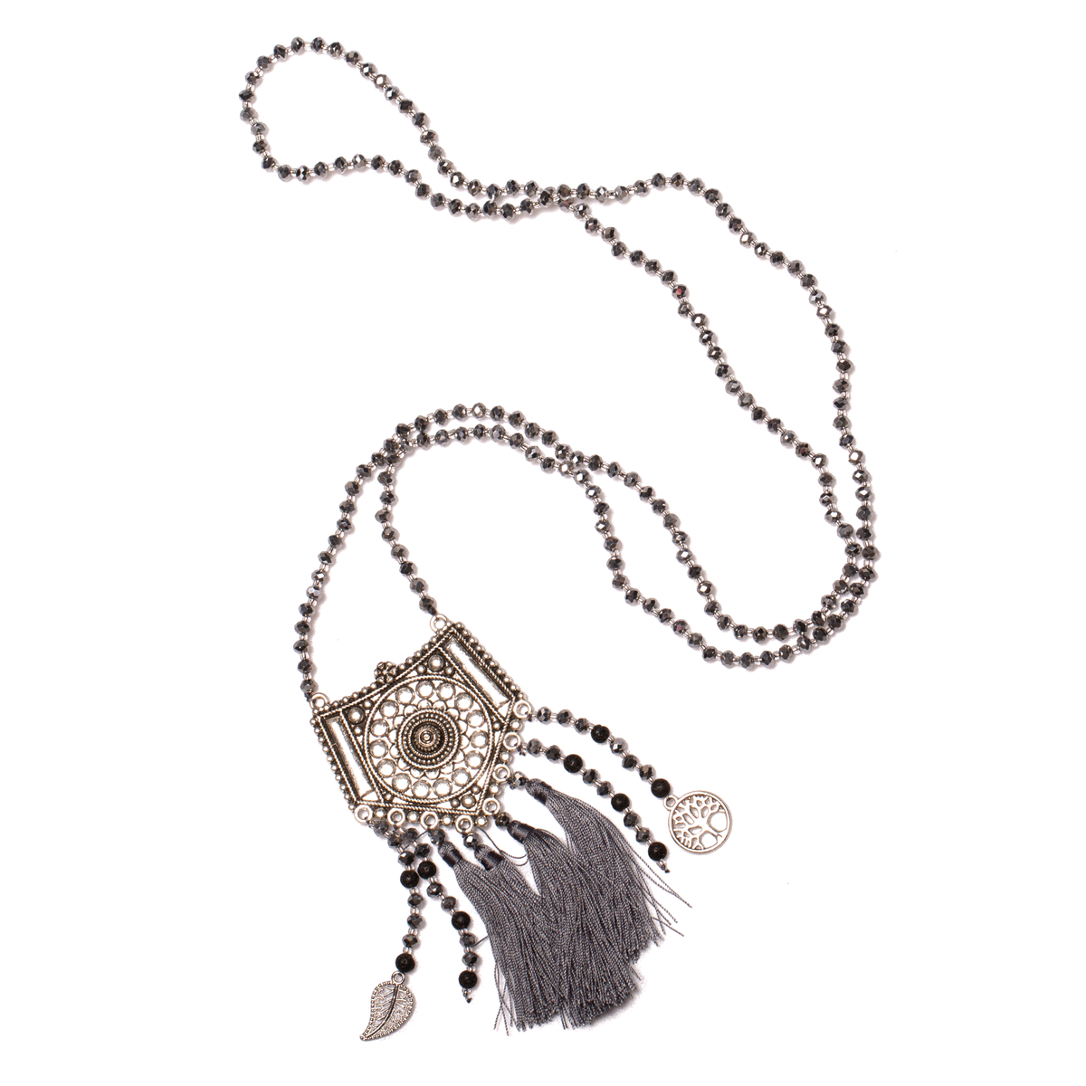 Longs colliers en cristal avec pendentif en métal ouvragé