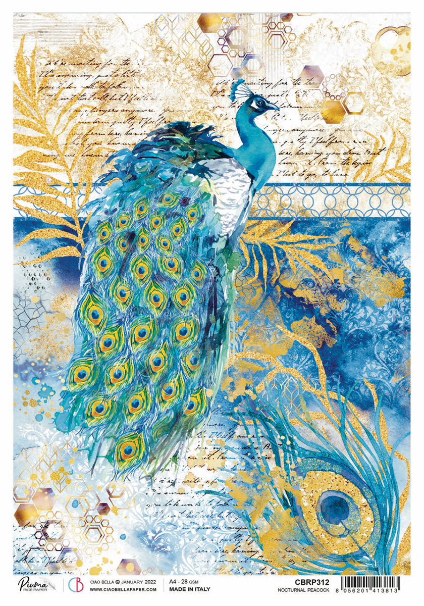 Papier de riz A4 Piuma Paon nocturne - 5 Feuilles