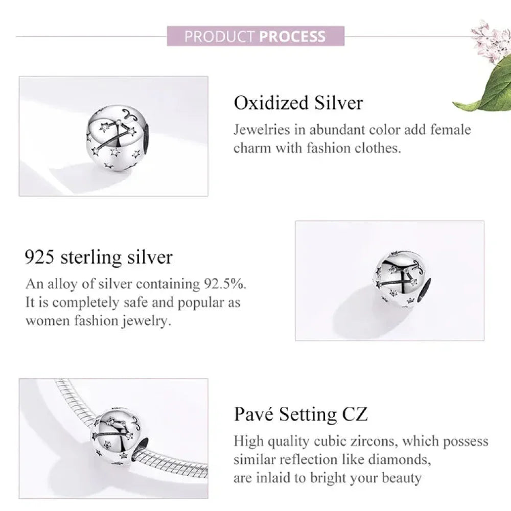 Perles Breloques Vintage en Argent Sterling 925 Signes Astrologiques Douze Constellations pour Bracelet Collier DIY