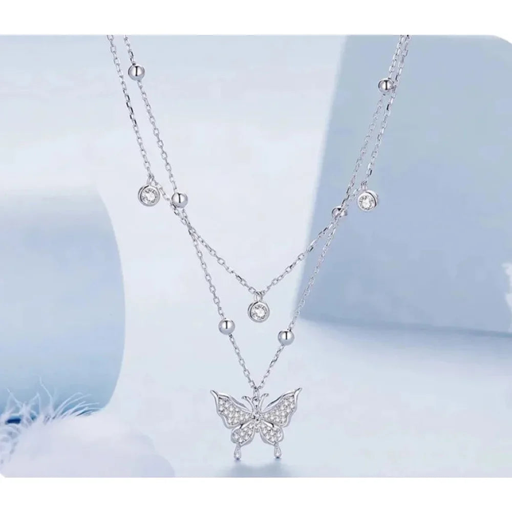 Collier pendentif papillon à double couche en argent sterling 925 pour femme - Bijoux fins élégants
