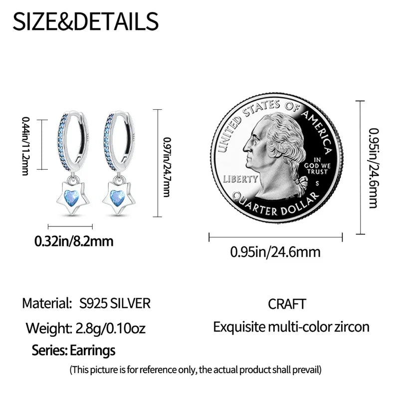 Boucles d'oreilles créoles en argent sterling Charme Céleste avec étoile bleue et cœur