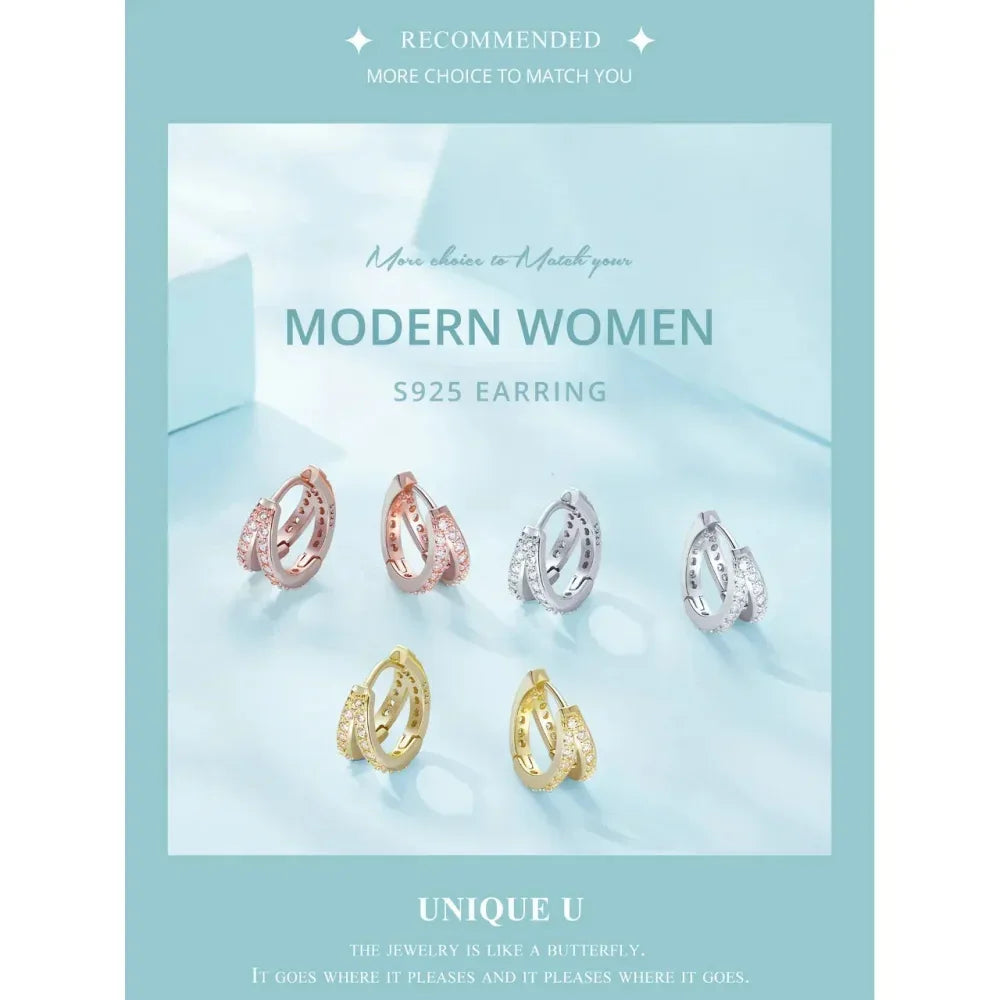 Boucles d'oreilles créoles doubles en argent sterling 925, avec géométrie élégante et cristal de zircon