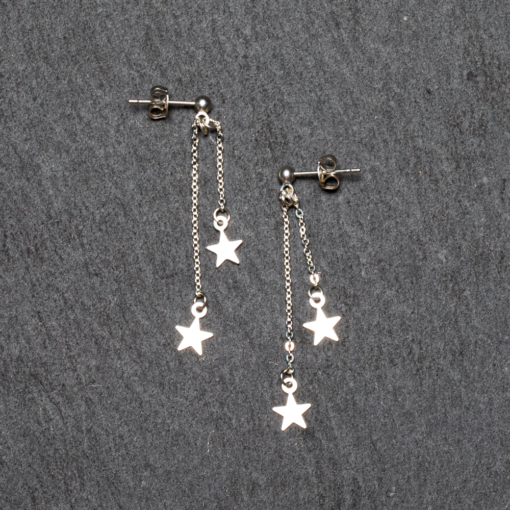 Boucles d'oreilles clous chaîne étoile double pendante en plaqué argent - SP406S