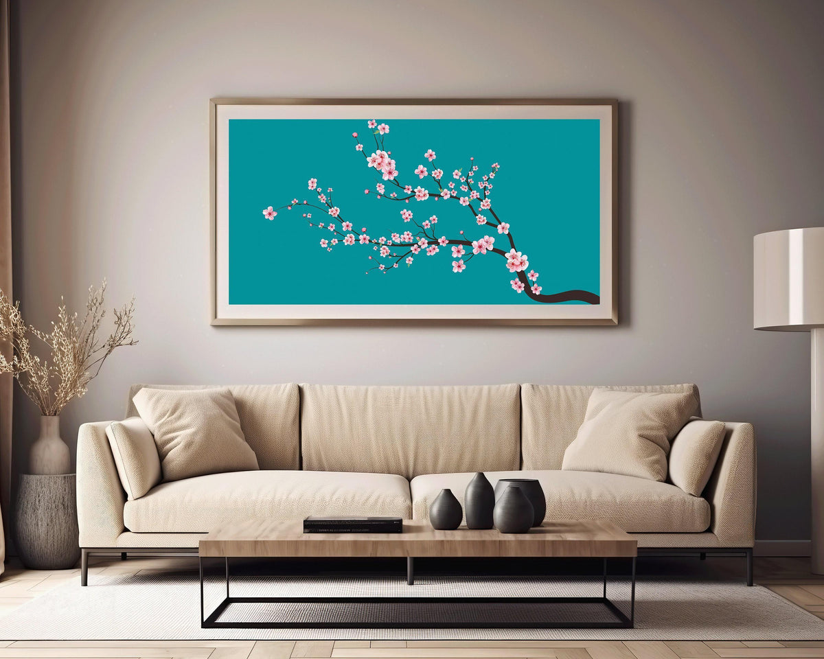 Impression d'art panoramique Fleur de cerisier : Sakura bleu sarcelle aigue-marine (2x1)
