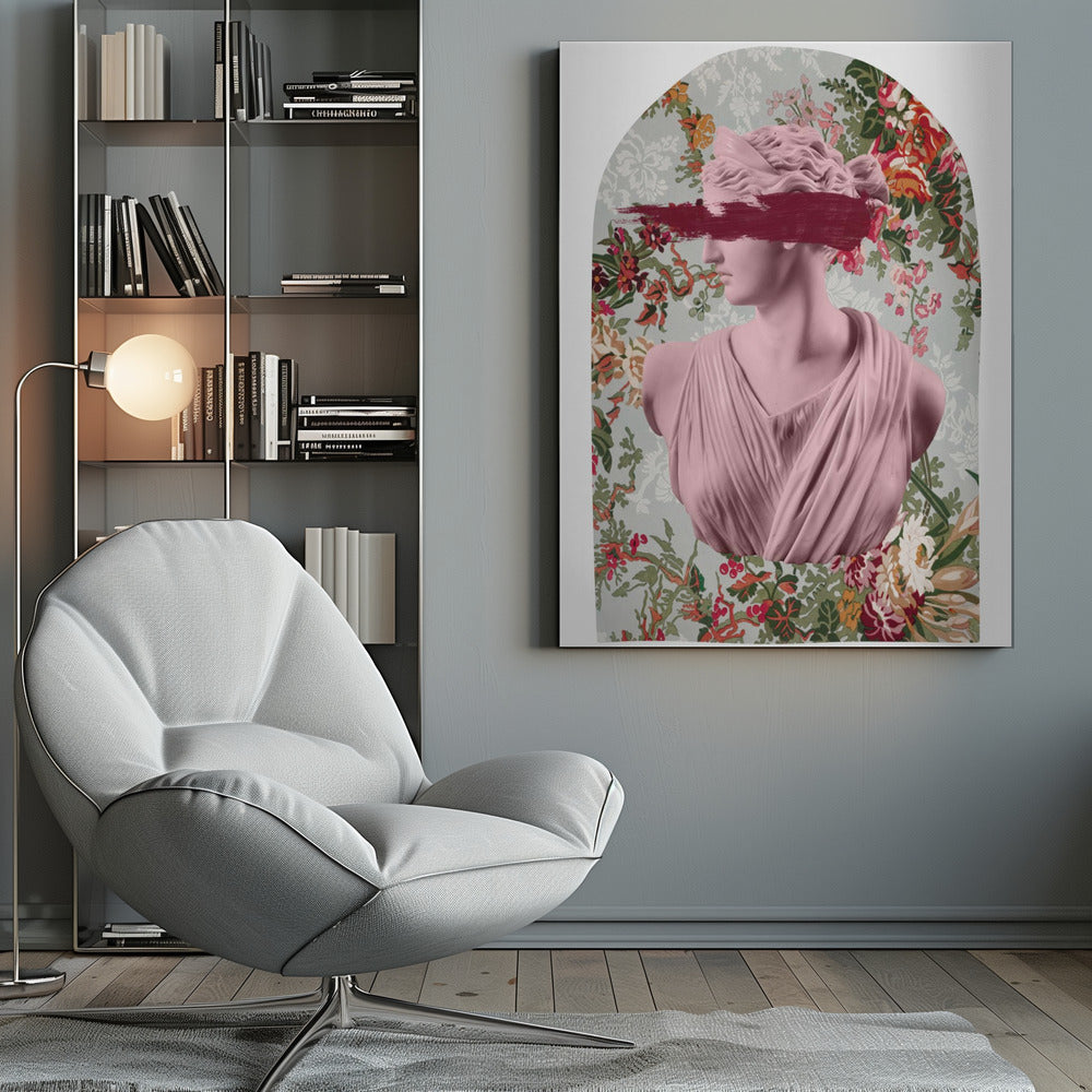 Classical Bust with Flowers and Pink Blindfold Canvas Wall Art | Floralartemis Ratio2x3