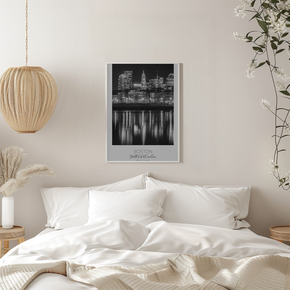 Boston Waterfront Night Reflections Canvas Wall Art | BOSTON Evening Skyline of North End