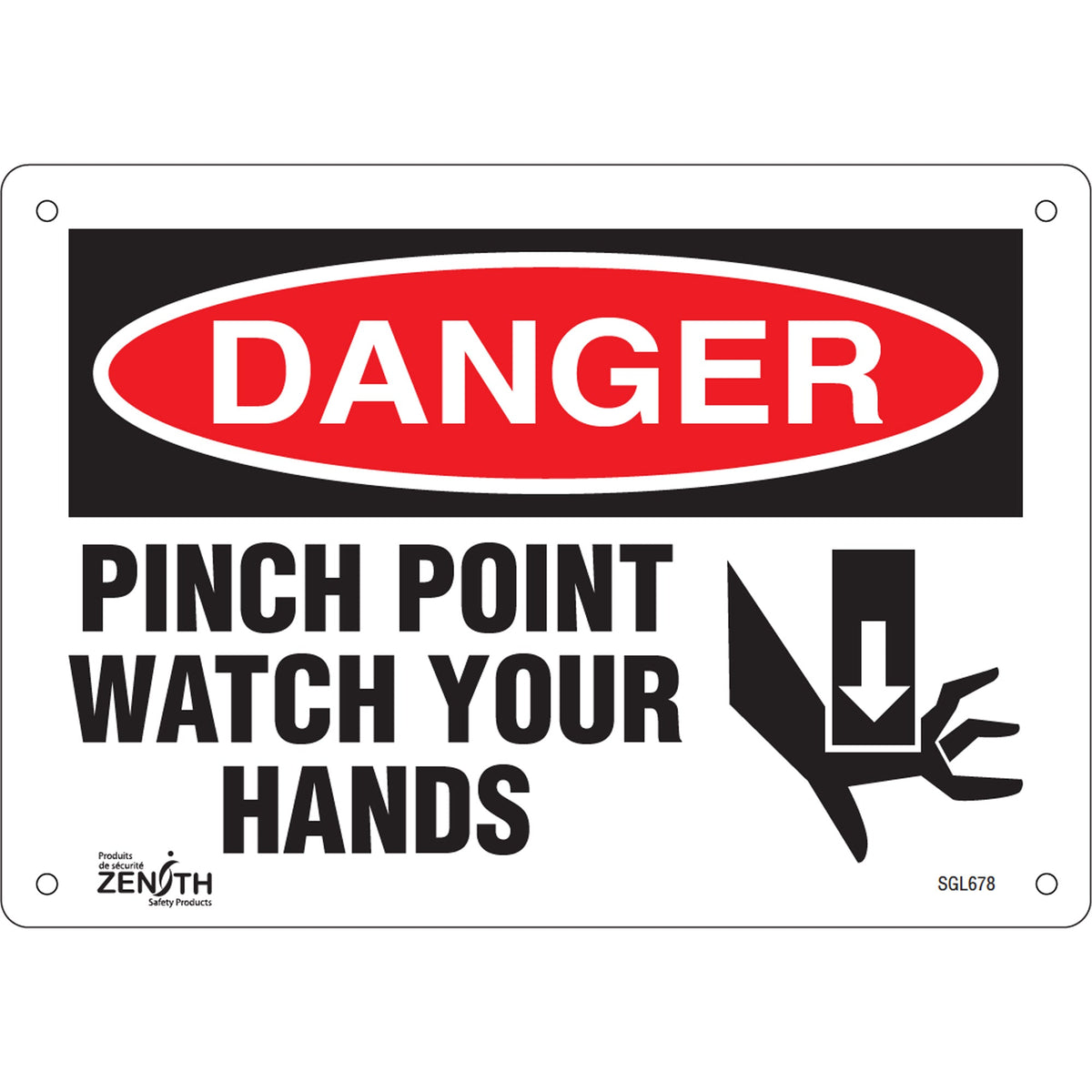 Panneau "Point de pincement", 17,78 cm x 25,4 cm, plastique, anglais avec pictogramme
