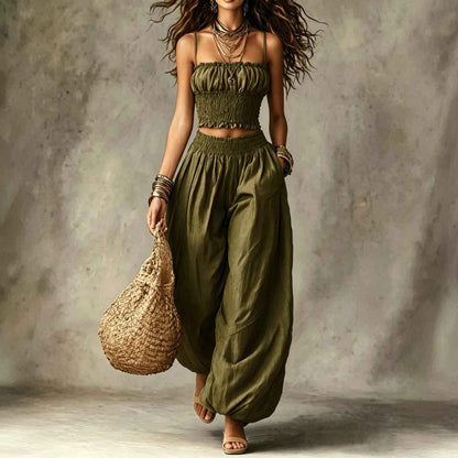 Women's Strapless Two Piece Set – Crop Top and Wide Leg Lantern Pants Outfit