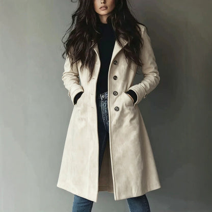 Women’s Suede Lapel Trench Coat – Mid-Length Fall & Winter Belted Jacket