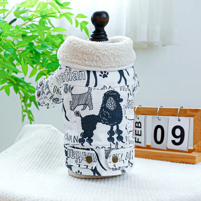 Manteau pour chien imprimé Sketch | Manteau chaud pour chien avec bordure en fourrure