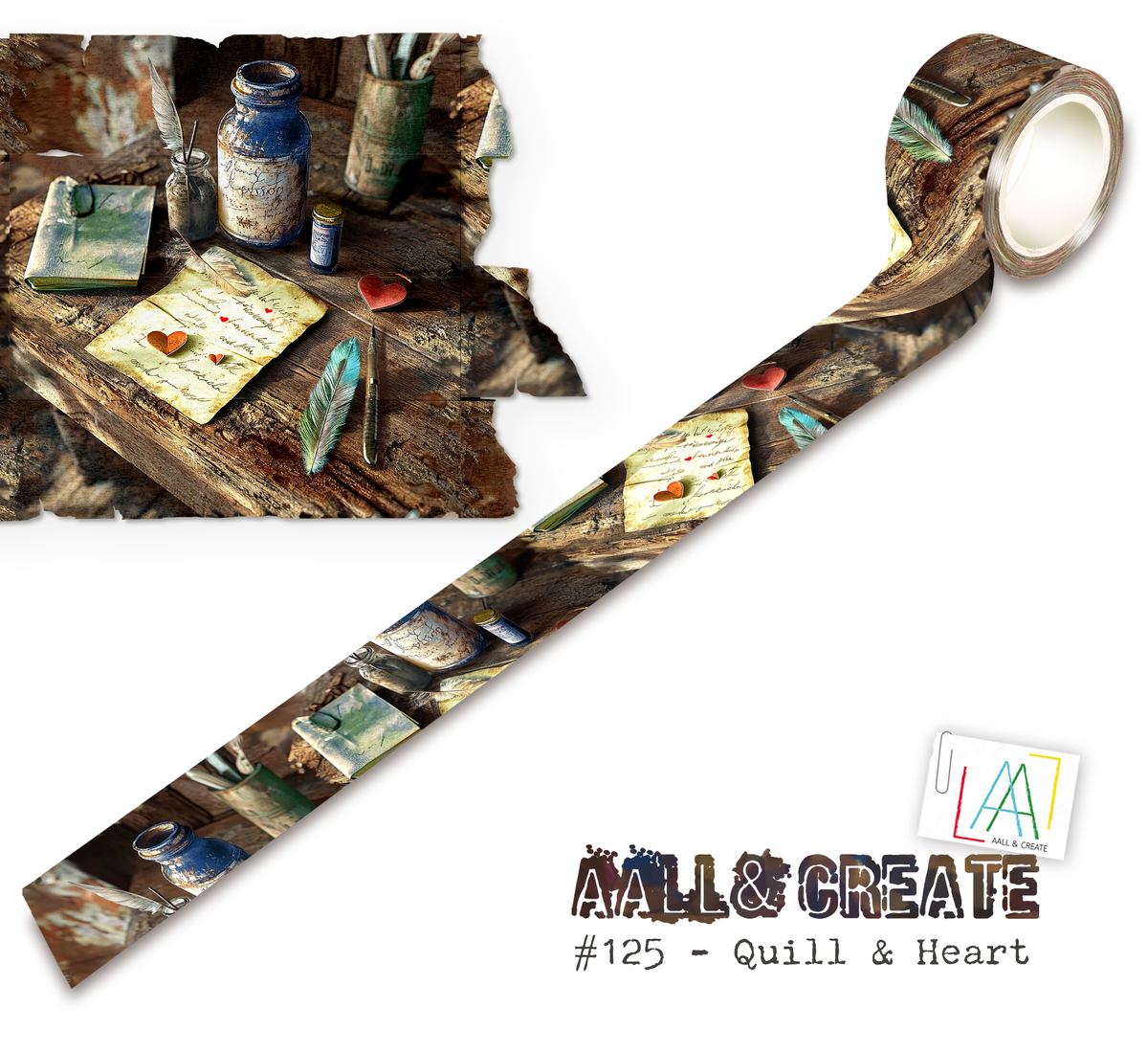AALL et Create - Ruban Washi 25mm x 10m - Plume & Cœur (Superposez-le !)