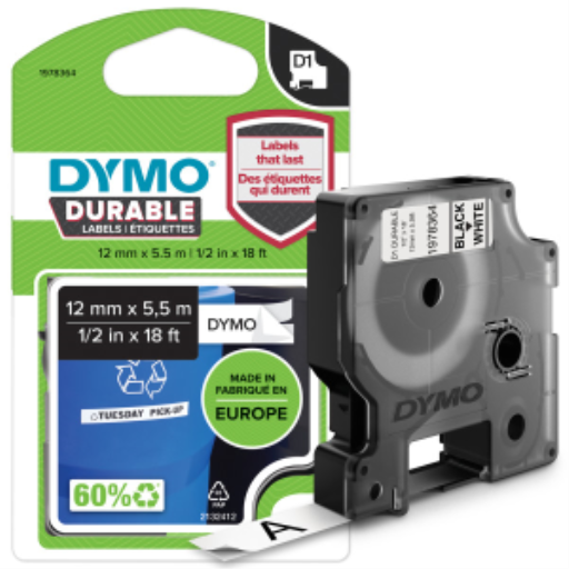 DYMO D1 Durable Labeling Tape for LabelManager Label Makers, Black Print on White Tape, 1/2" W x 18' L, 1 Cartridge