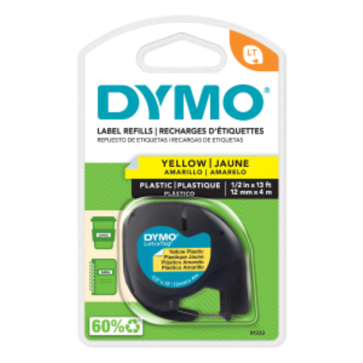 Ruban d'étiquetage DYMO pour étiqueteuses LetraTag, impression noire sur étiquettes jaunes, rouleau de 12 mm x 4 m