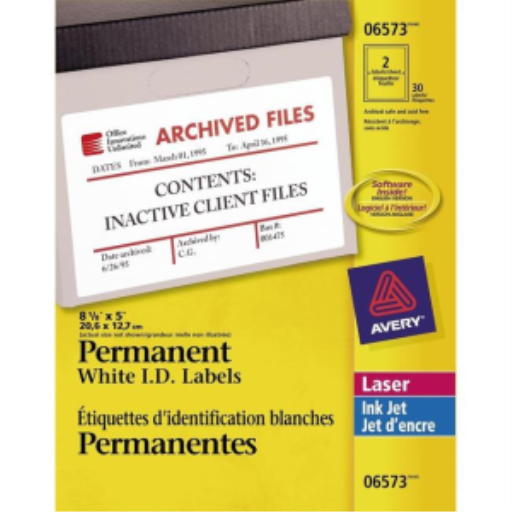 6573 ÉTIQUETTES D'IDENTIFICATION, 8 1/8" X 5", PERMANENTES, 15 FEUILLES/ENV., 30