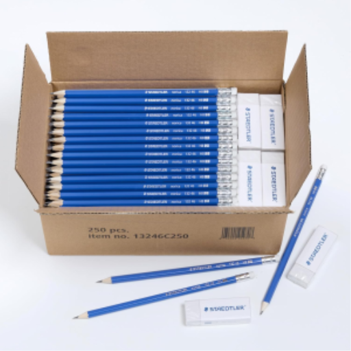 Crayons en bois Staedtler n°2 pré-taillés avec gommes - Lot de 250 crayons, 20 gommes