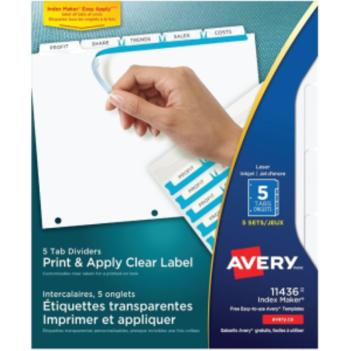 INTERCALAIRES INDEX MAKER À ÉTIQUETTES CLAIRES, 5 ONGLES, 5 JEUX, BLANC