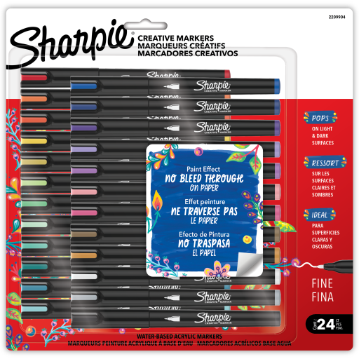 Lot varié de marqueurs créatifs Sharpie, Marqueurs de peinture acrylique à base d'eau, Pointe fine, Couleurs assorties, 24 unités