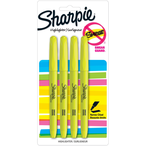 Surligneurs de poche Sharpie, pointe biseautée fine, jaune, paquet de 4