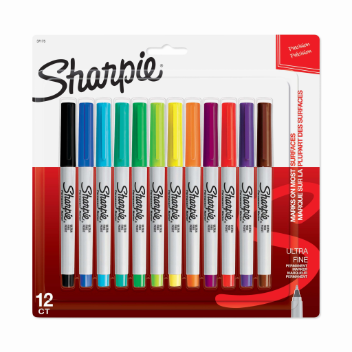 Marqueurs permanents Sharpie, pointe ultra-fine, couleurs assorties, paquet de 12