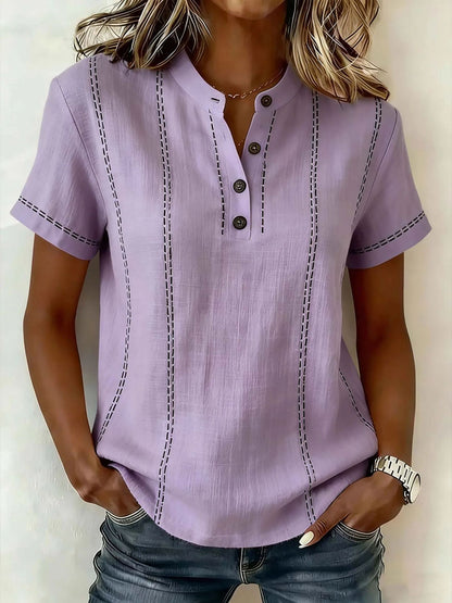 Summer Striped Short-Sleeve Shirts Casual Stand-Collar V-neck Button Blouse Womens Clothing