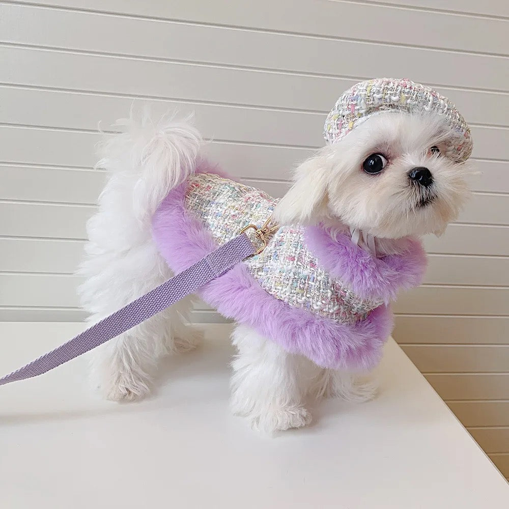 Ensemble harnais et laisse Lilas | Ensemble harnais et chapeau à carreaux pour chien