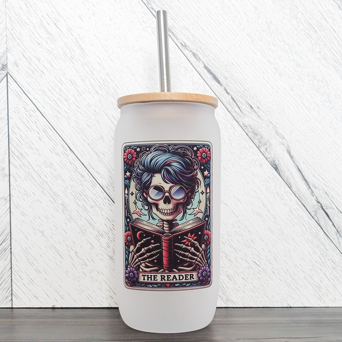 Le pot givré Reader avec couvercle en bambou | Pot en verre de carte de tarot