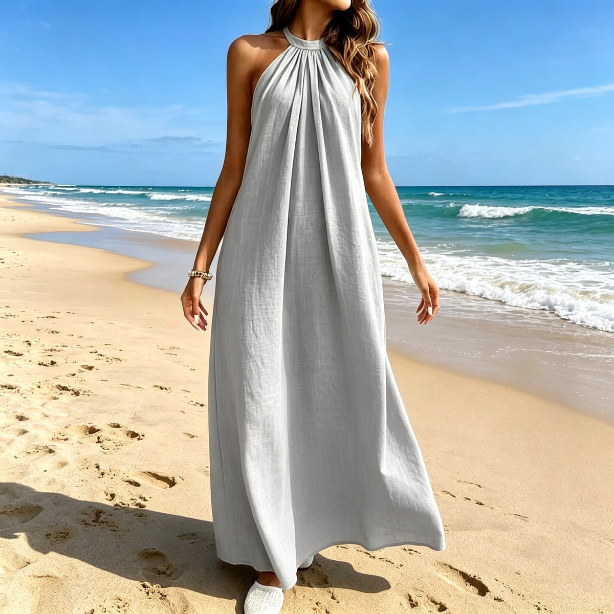 The Ladys Dress Is A Sexy Halter-neck Loose-fitting Style