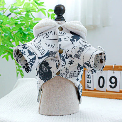 Manteau pour chien imprimé Sketch | Manteau chaud pour chien avec bordure en fourrure
