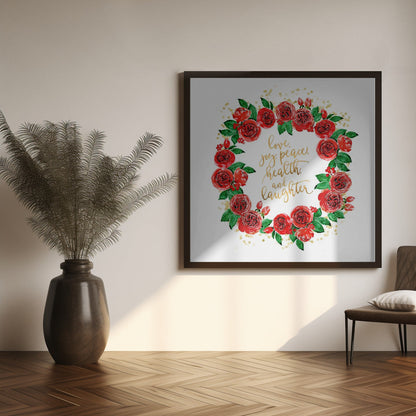 Wall art Holiday wishes wreath of red English roses