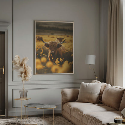 Art mural vaches des Highlands dans un champ de fleurs