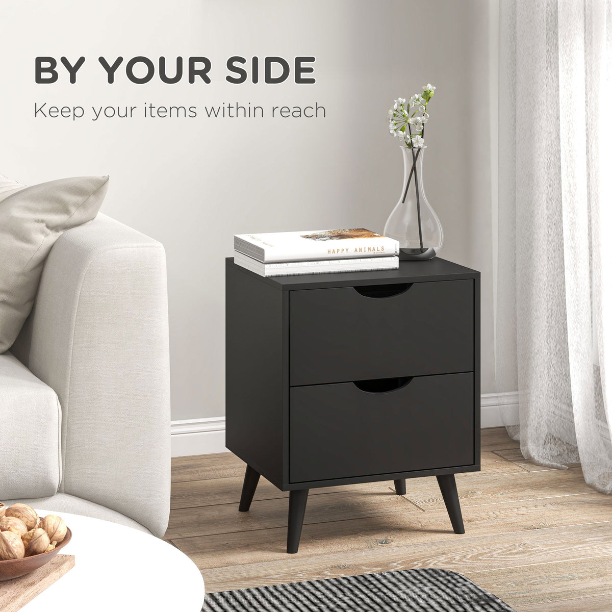 Chevet Jesse 2 tiroirs et pieds en pin-Noir