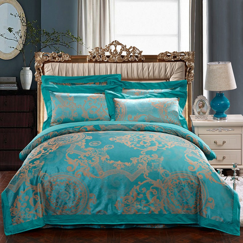 4-Piece Cotton Jacquard Bedding Set – Embroidered Floral Wedding Duvet Cover & Sheet Set