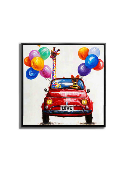 Fun Fun Fun Colourful Car & Animals Canvas Wall Art | 36 × 36 inches