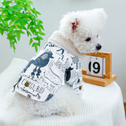 Manteau pour chien imprimé Sketch | Manteau chaud pour chien avec bordure en fourrure