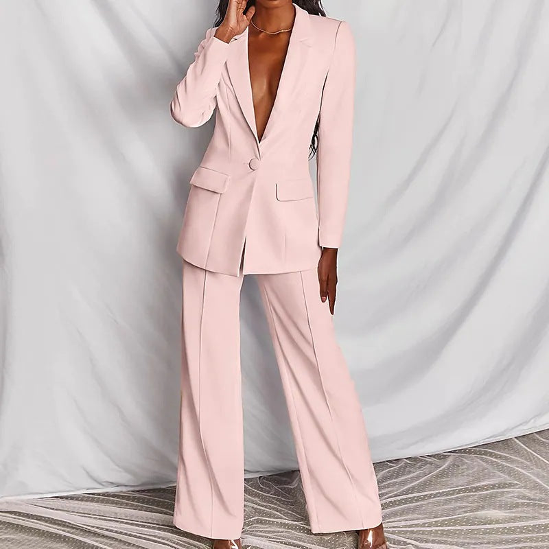 Women's Business Suit Set – Lapel Button-Down Blazer and Straight Leg Trousers