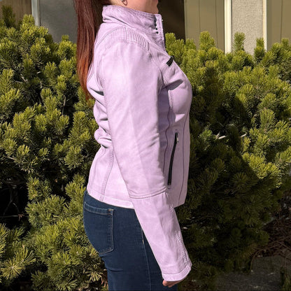 Veste Classique Femme en Cuir d'Agneau. Col Rond clouté, 4 Poches zippées et Surpiqûres Décoratives aux Épaules