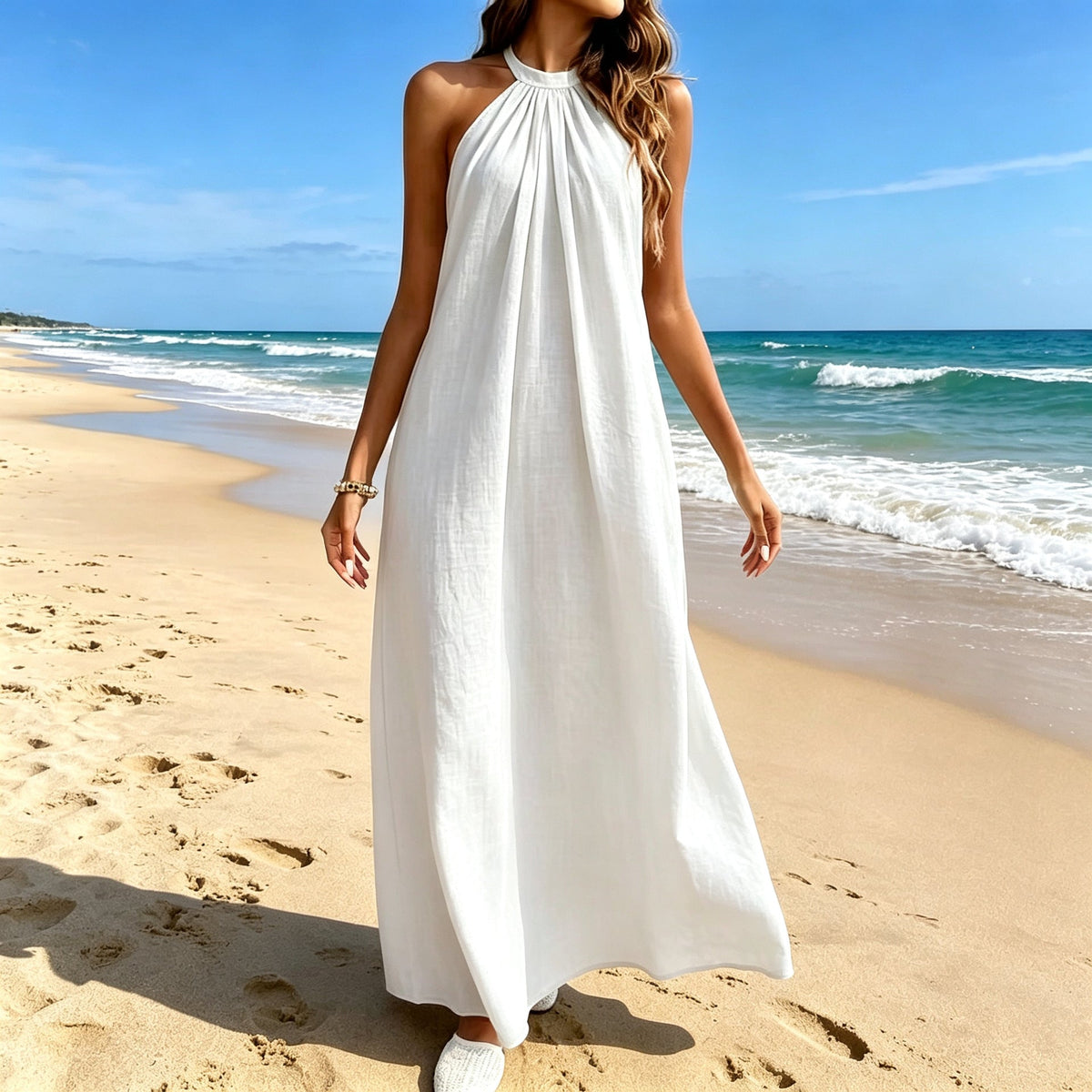 The Ladys Dress Is A Sexy Halter-neck Loose-fitting Style