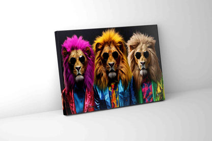 Décoration murale Faune sauvage - Les trois lions cools - Impression sur toile - Vernis doré