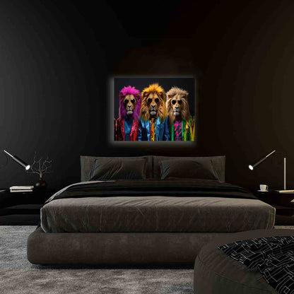 Décoration murale Faune sauvage - Les trois lions cools - Impression sur toile - Vernis doré