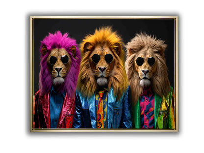 Décoration murale Faune sauvage - Les trois lions cools - Impression sur toile - Vernis doré
