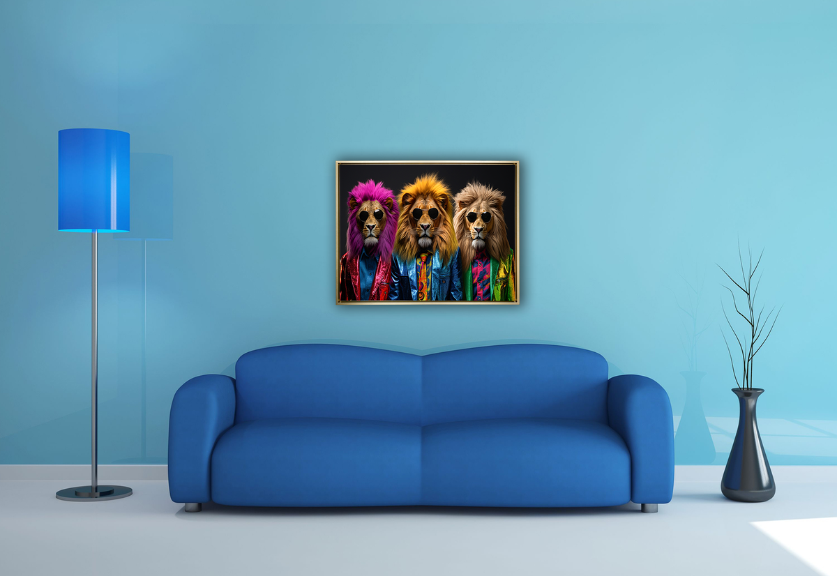 Décoration murale Faune sauvage - Les trois lions cools - Impression sur toile - Vernis doré
