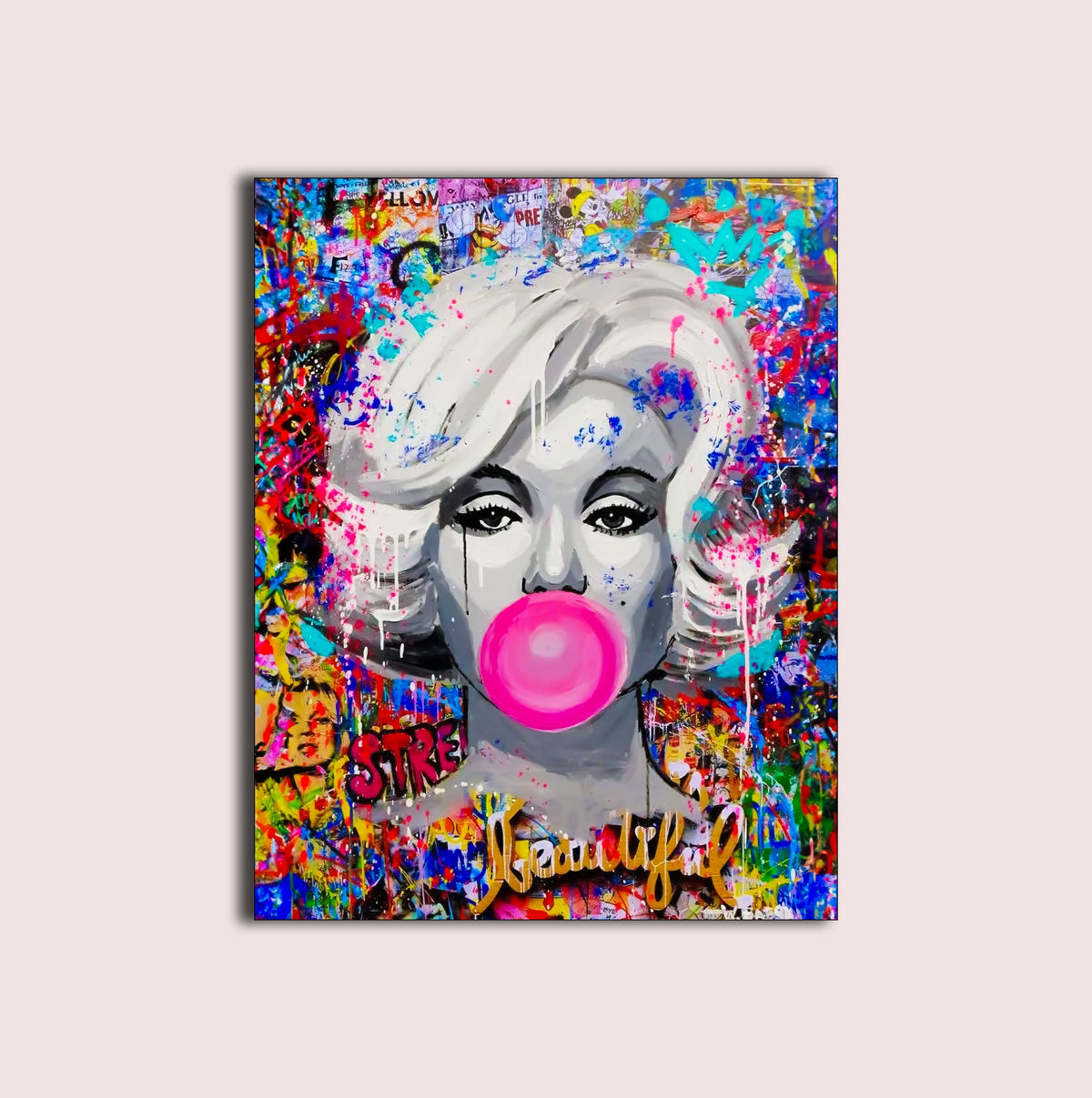 Marilyn Monroe Graffiti Canvas Wall Art | Pink Bubblegum | 35 × 47 inches