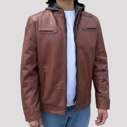 BOL Mens Alvin Lambskin Leather Jacket with Removable Hood