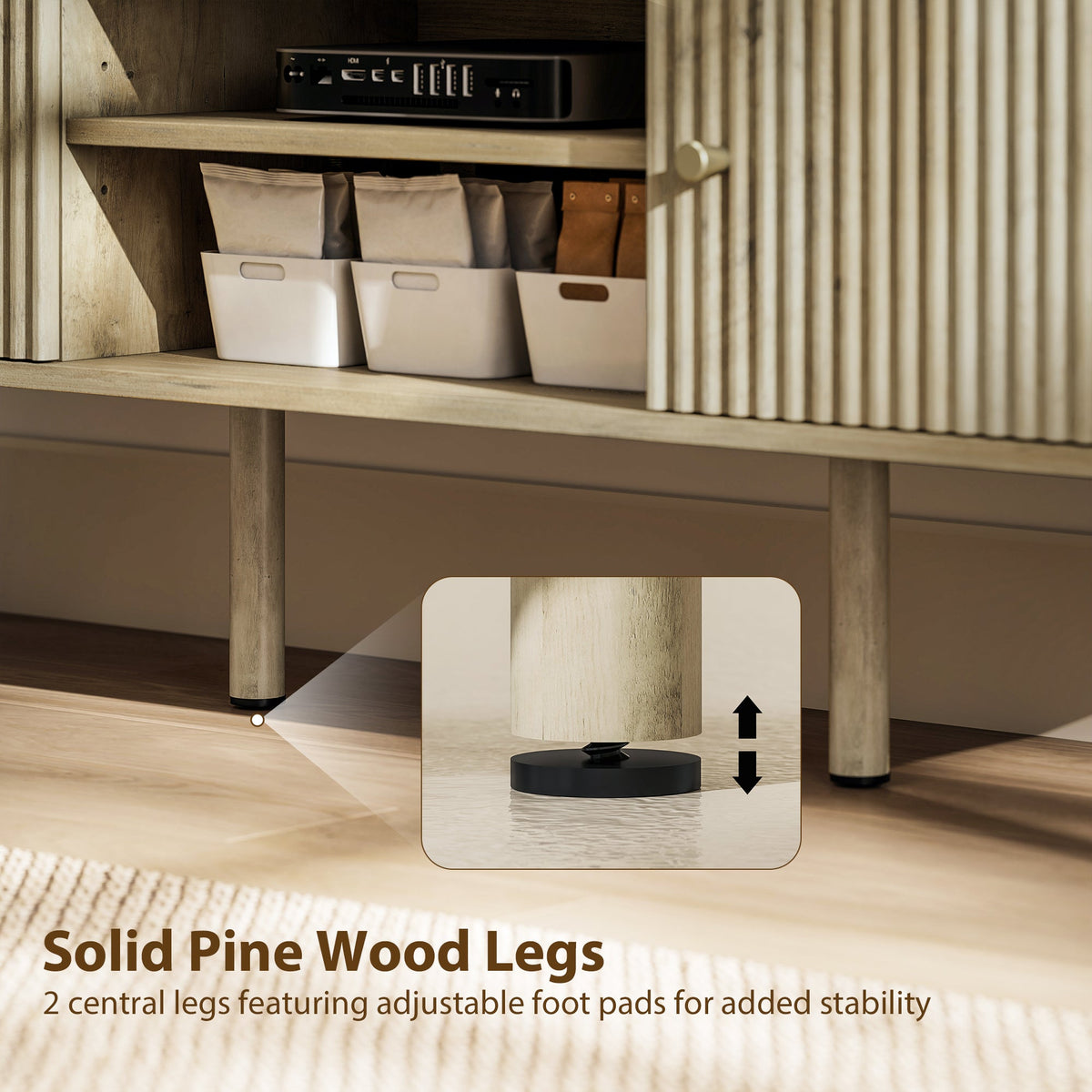 Birch TV Stand for Televisions up to 65" with Adjustable Shelves and Pine Wood Legs-Oak