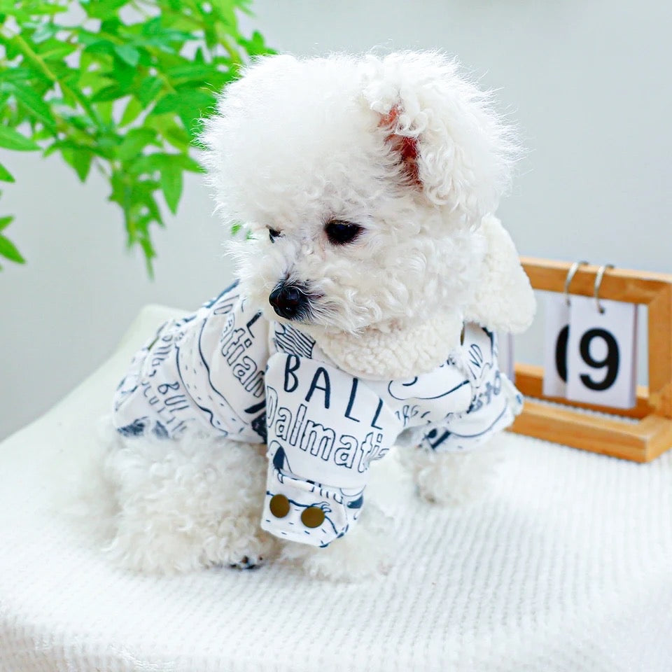 Manteau pour chien imprimé Sketch | Manteau chaud pour chien avec bordure en fourrure