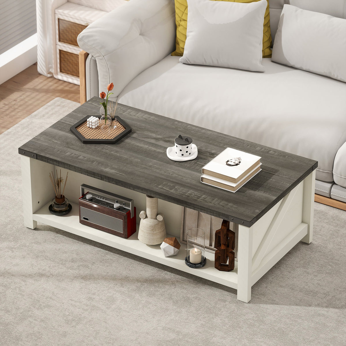 Table basse de ferme Lowen avec tiroir et étagère de rangement ouverte – Gris vieilli/Blanc