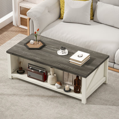 Table basse de ferme Lowen avec tiroir et étagère de rangement ouverte – Gris vieilli/Blanc