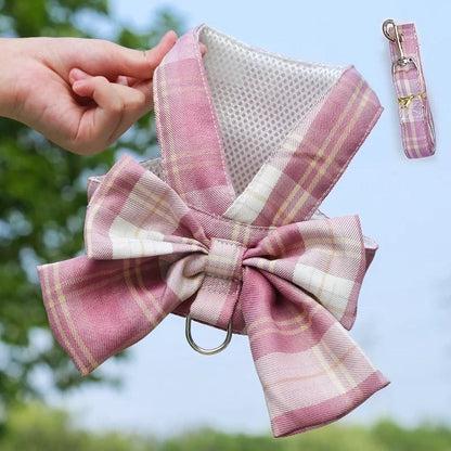 Ensemble Harnais et Laisse pour Chien avec Nœud Papillon Écossais | Tenue de Promenade pour Chien