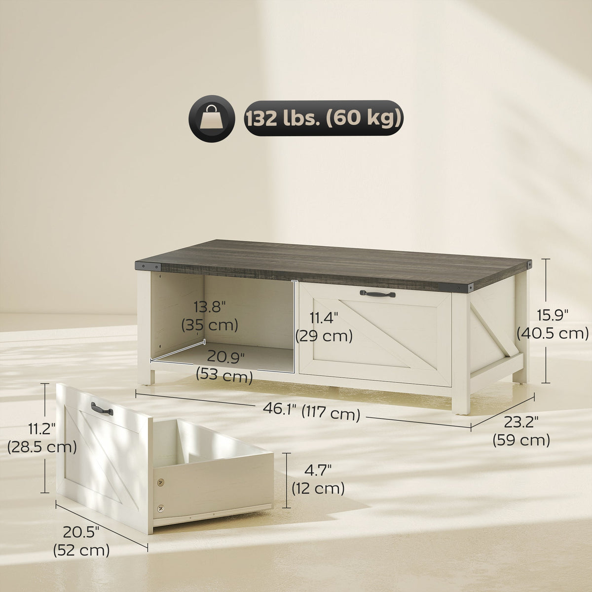 Table basse de ferme Lowen avec tiroir et étagère de rangement ouverte – Gris vieilli/Blanc